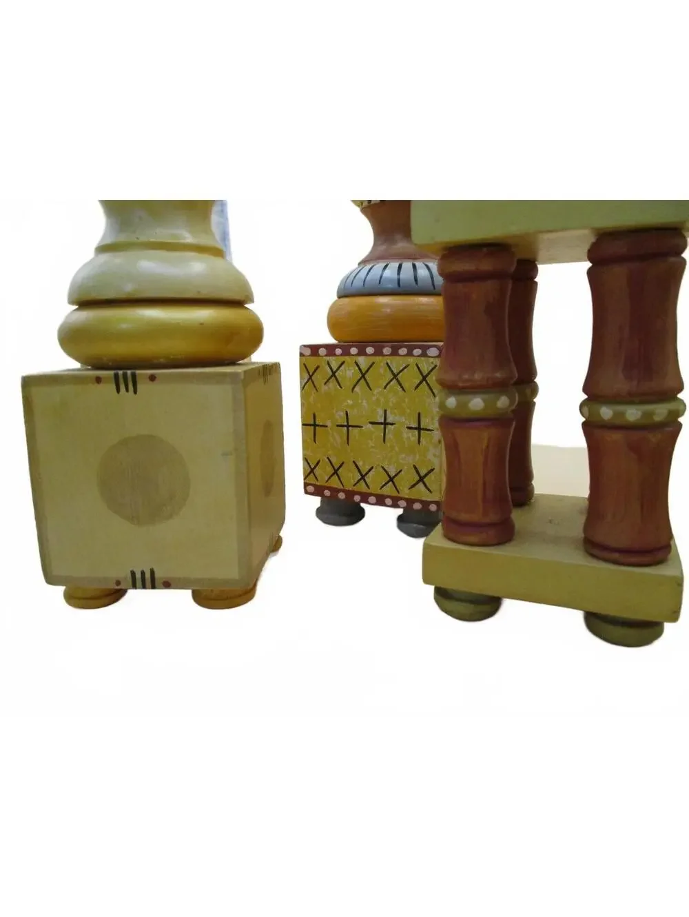 6 Vintage Hand Painted Wooden Candle Holders Totem Candlestick Set Folk Art MCM